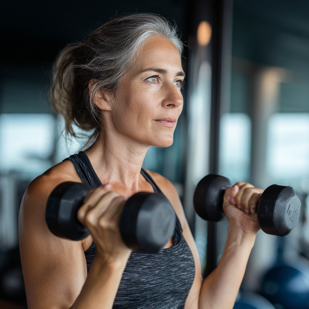 Middle-aged woman performing strength training with dumbbells in a modern fitness environment